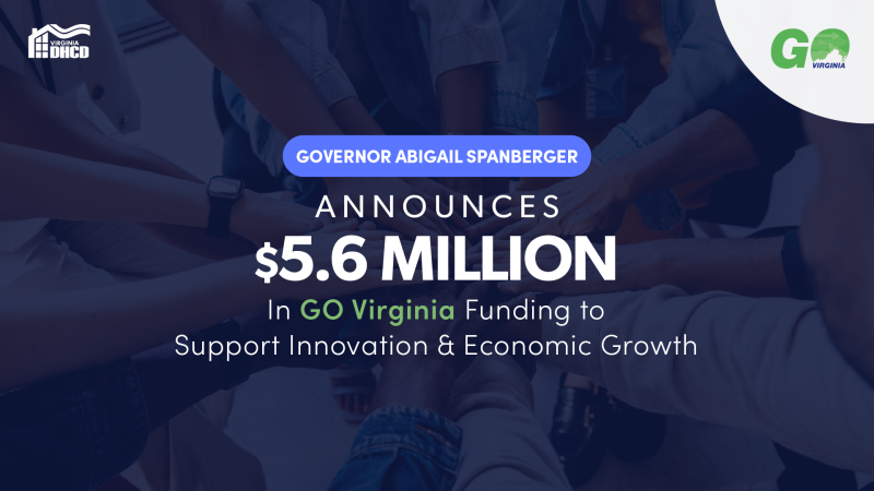 نص أبيض يقرأ: "تعلن الحاكمة أبيجيل سبانبرجر عن مبلغ $5.6 مليون دولار من تمويل GO Virginia لدعم الابتكار والنمو الاقتصادي" 