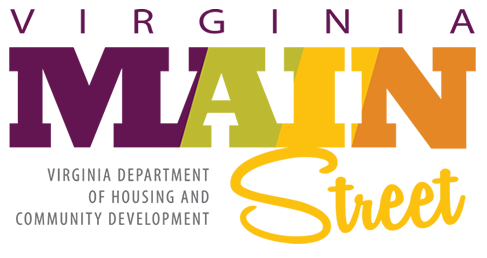 نص باللون الأرجواني والأخضر والأصفر والبرتقالي يقول: Virginia Main Street؛ Virginia Department of Housing and Community Development